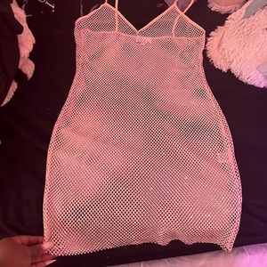 Pink net dress with iridescent multi colored diamonds